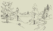 Vector landscape. Dirt road to the forest lake
