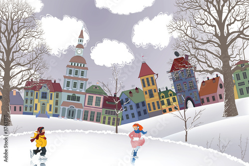 Vector: Little girl and boy skating at the rink in front of the houses Little girl and boy skating at the rink in front of the houses