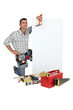 Handyman with a board left blank for your message