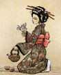Tea ceremony: geisha with teapot and cherry blossom branch