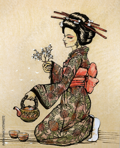 Illustration: Tea ceremony: geisha with teapot and cherry blossom branch Tea ceremony: geisha with teapot and cherry blossom branch