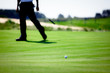 Photo: Legs of golfer watching ball roll near hole on green Legs of golfer watching ball roll near hole on green