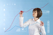 Beautiful business woman tocuhing on blue background