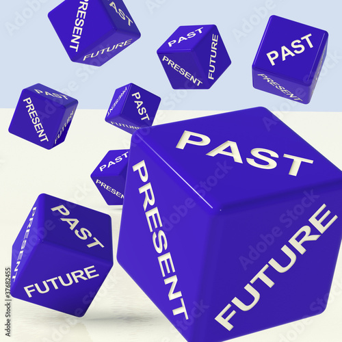 Illustration: Past Present Future Blue Dice Showing Evolution And Destiny Past Present Future Blue Dice Showing Evolution And Destiny