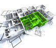 Green apartment mockup on blueprints
