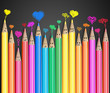 Group of smiling pencils with love heart speech bubbles Group of smiling pencils with love heart speech bubbles