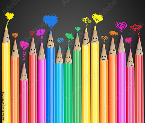 Illustration: Group of smiling pencils with love heart speech bubbles Group of smiling pencils with love heart speech bubbles