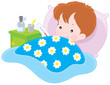 sick boy lying with a thermometer in a bed