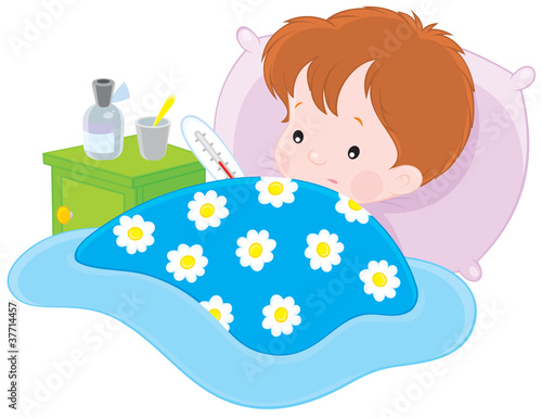 Vektor: sick boy lying with a thermometer in a bed sick boy lying with a thermometer in a bed