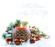 Christmas greeting card with Christmas Decorations on white bac Christmas greeting card with Christmas Decorations on white bac