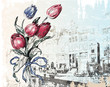 vintage illustration of Amsterdam street and tulips. Watercolor