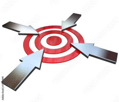 Illustration: Four Competing Arrows Point at Bulls-Eye Target Four Competing Arrows Point at Bulls-Eye Target