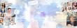Graphic design background. World map and photo of different peop