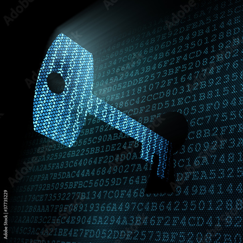 Illustration: Digital key in pixeled keyhole Digital key in pixeled keyhole