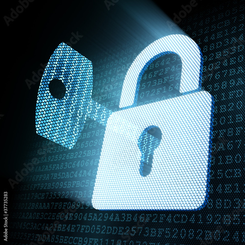 Illustration: Digital key in padlock keyhole Digital key in padlock keyhole