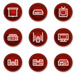 Audio video web icons, dark red circle buttons