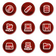 Drives and storage web icons, dark red circle buttons
