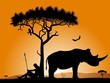 Silhouettes of a hunter, trees, and rhinoceros. Silhouettes of a hunter, trees, and rhinoceros.