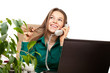 Photo: Happy woman phone in the office workplace Happy woman phone in the office workplace