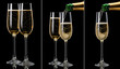 set of champagne pouring into a glass on a black background
