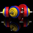 Dumbbells on a glossy black surface