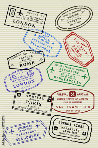 Vector: Passport page with travel stamps - traveler's visas Passport page with travel stamps - traveler's visas