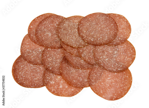 Photo: fresh german salami on a white background fresh german salami on a white background