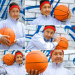 Active senior woman playing basketball, collage