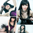 Sensual black-haired caucasian woman in corset, collage