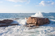 Ocean waves breaking at  the granite coast of France, Brittany