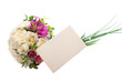 Wedding bouquet and blank envelope isolated on white background.