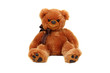 Horizontal studio shot of brown bear toy isolated on white backg Horizontal studio shot of brown bear toy isolated on white backg
