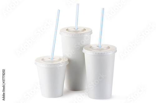 Photo: Three disposable cups for beverages with straw Three disposable cups for beverages with straw