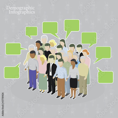 Vector: Demographic infographics. Crowd with speech bubbles Demographic infographics. Crowd with speech bubbles