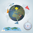 Travel concept. Globe with routes with flags and marks.