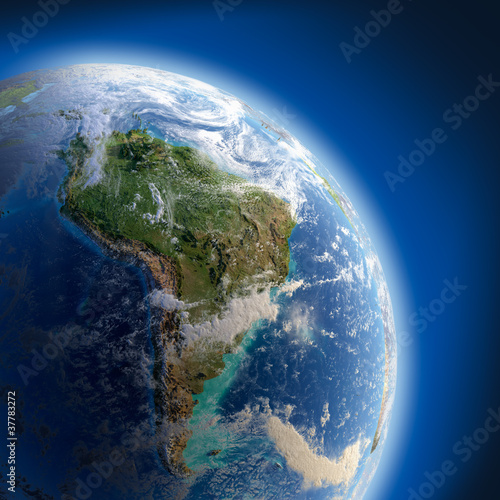 Illustration: Earth with high relief, illuminated by the sun Earth with high relief, illuminated by the sun
