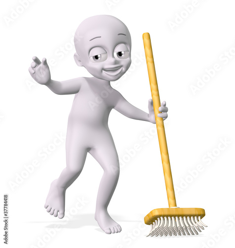 Illustration: 3D little man holding broom 3D little man holding broom