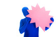 Blue man holding blank pink sign