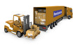 Loader and a truck with a boxes on a white background