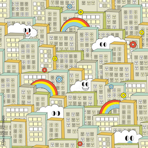 Vector: Rainbow in the city seamless pattern. Rainbow in the city seamless pattern.