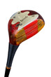 An antique, persimmon golf driver, on a white background.