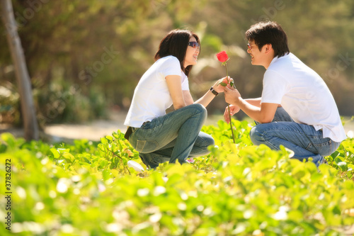 Photo: attractive young boy giving beautiful rose to his pretty girlfri attractive young boy giving beautiful rose to his pretty girlfri