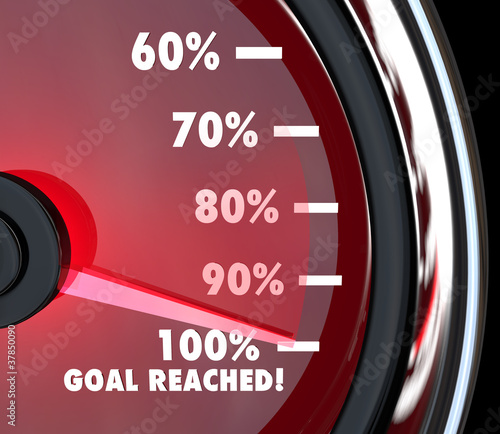Illustration: Speedometer Needle Hits 100 Percent Goal Reached Speedometer Needle Hits 100 Percent Goal Reached