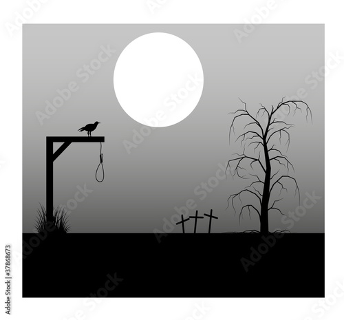 Vector: Spooky background with moon lantern cemetery and the gallows Spooky background with moon lantern cemetery and the gallows