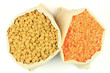 Seeds red and green Lentils in fabric bags. Seeds red and green Lentils in fabric bags.