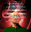 Man views video sphere surrounding his head Man views video sphere surrounding his head