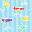 Blue seamless pattern with cute planes, clouds and sun