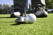 Golfer sets up for putt on putting green Golfer sets up for putt on putting green