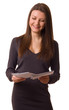 a happy young woman reading her post.