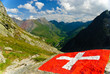 Swiss flag with view of the Val Ferret in Swiss Alps